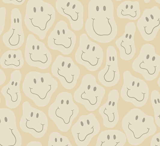 Happy Shapes behang in geel met smileys, het patroon van dichtbij