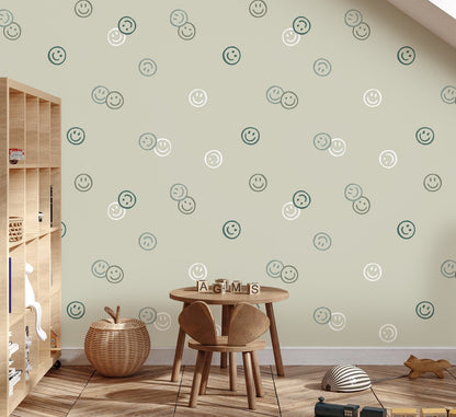 Play corner under a sloped ceiling with Smiley Confetti wallpaper in green