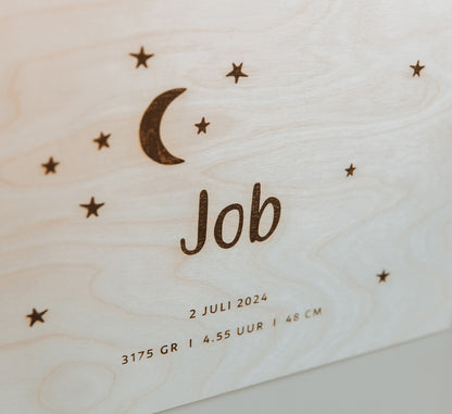 Houten herinneringskist met naam - Maan en sterren