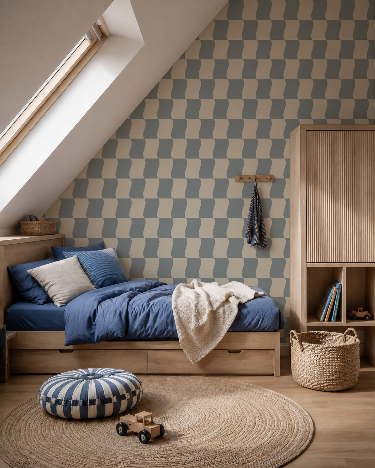 Chambre d'enfant avec le papier peint « Wavy Blocks » en bleu