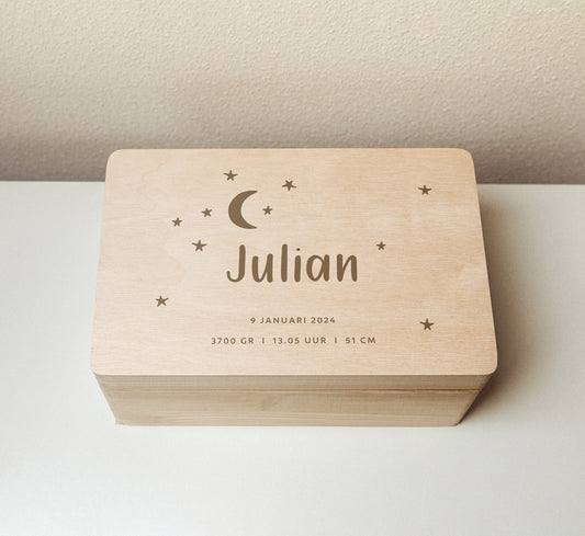 Houten herinneringskist met naam - Maan en sterren Hout