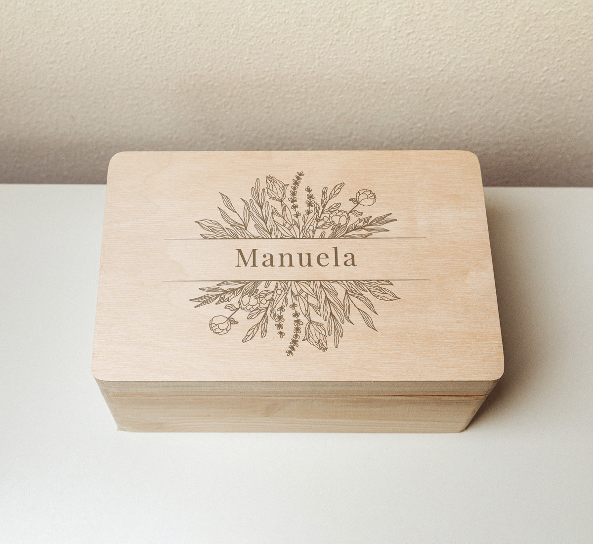 Houten herinneringskist met naam - Bloemen Hout