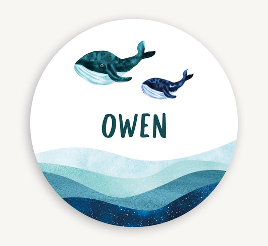 Muurcirkel met naam - Walvissen in oceaan Blauw