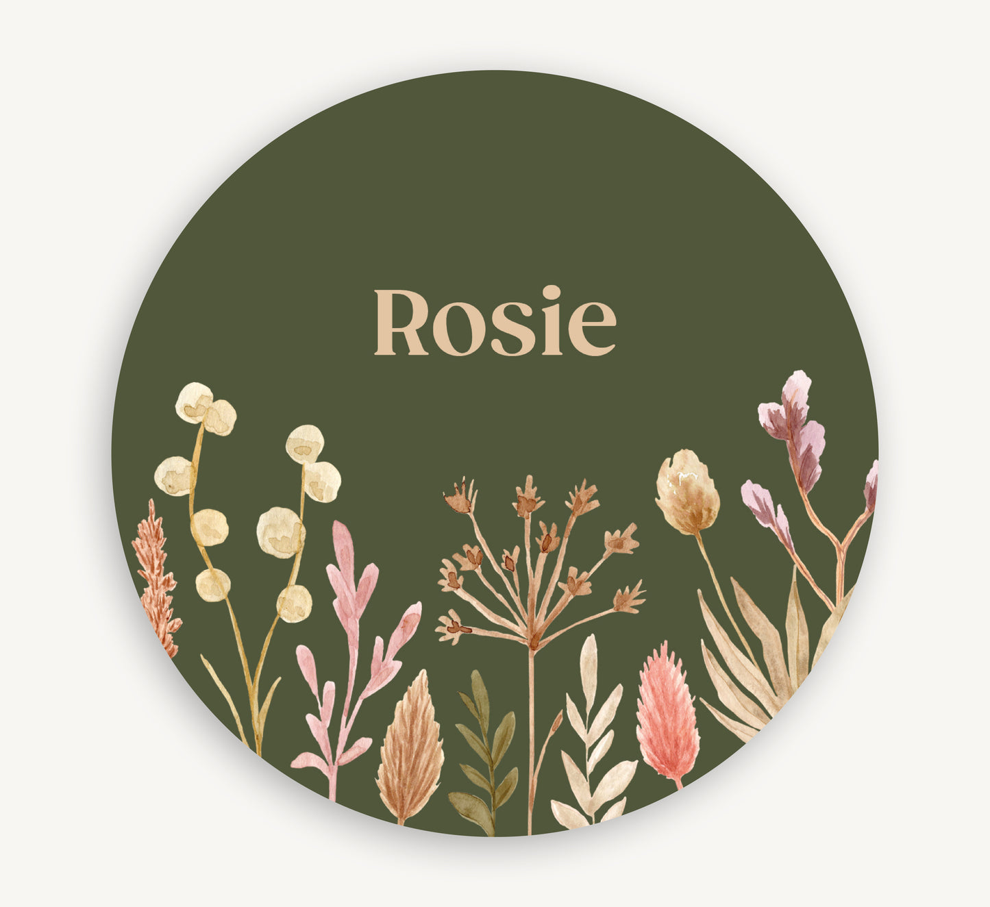 Muurcirkel met naam - Boho droogbloemen Groen
