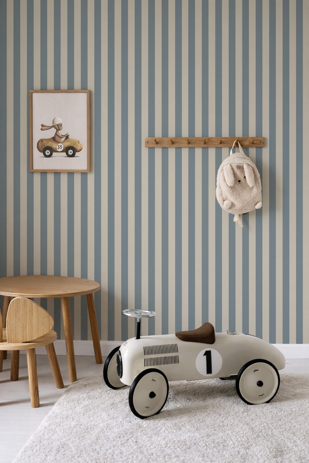 Behang - Smalle Strepen Beige Blauw